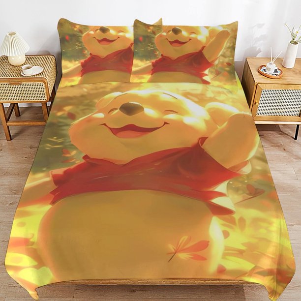 Winnie The Pooh Bed Duvet Cover Microfiber Bedding Sets 3D Printed Lightweight 3 Piece Comforter Sets for Kids Boys Girls