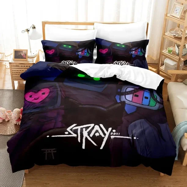 v2368 Bed Sheets Stray Game Cat and Momo Bedding Set Single Twin Full Queen King Size Aldult Boys Bedroom Duvetcover Sets Kawaii Anime Bed 3-Piece Bedding Set (1 Duvet Cover + 2 Pillow Shams) Bed Shee