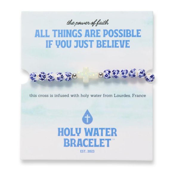 Pulsera de Agua Bendita Plateada con Motivo Floral Azul