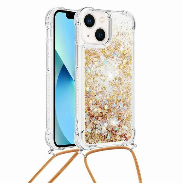Funda FOXDOCK para iPhone 13 con Cuerda Ajustable, Brillo Líquido, Protección Antigolpes y Lente – Ideal para Regalo