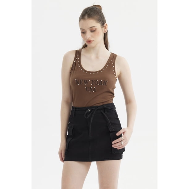 Polera Mujer Rib Aplicación Rivets Y Print Café Oscuro