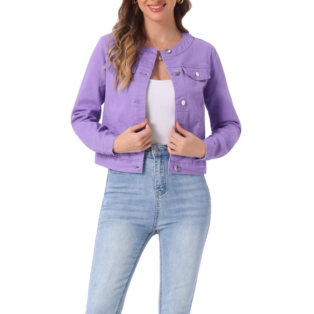INSPIRE CHIC Chaqueta Vaquera Recortada de Manga Larga sin Cuello con Botones para Mujer Vuelta al Cole Púrpura M