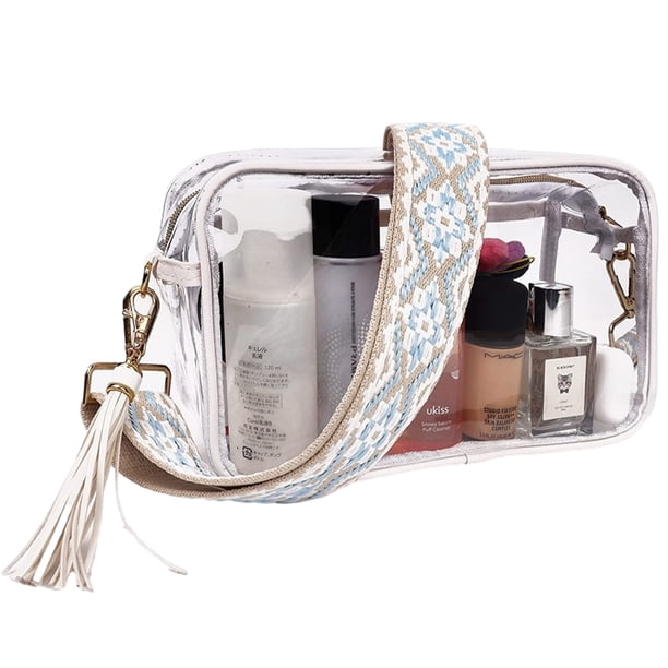 Bolsos cruzados para mujer, bolsos transparentes aprobados para estadios con correas de guitarra, bolso cruzado transparente, mochila transparente para eventos deportivos.