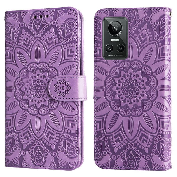 Funda tipo cartera FOXDOCK para Realme GT Neo 3 , diseño girasol en relieve, cuero PU, cierre magnético, soporte y tarjetero