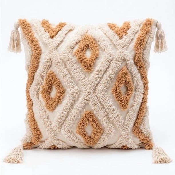 Funda de Cojín Boho Tejida con Borlas Funda Almohadon Sofa 45x45cm