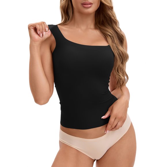 INSPIRE CHIC Tanques de Espalda en U para Mujeres con Sujetador Incorporado y Tops Básicos Sedosos que No se Muestran L Negro
