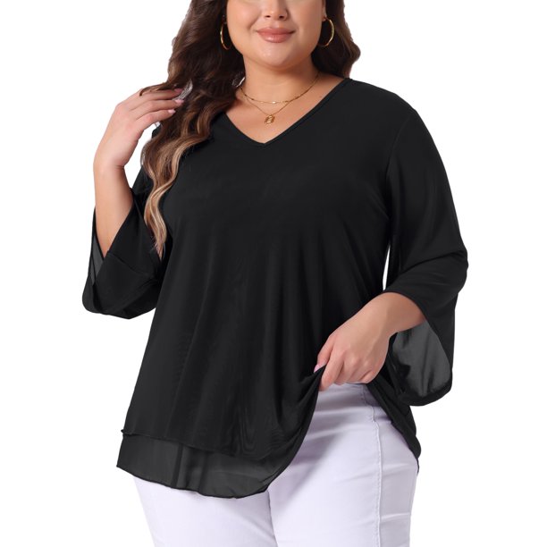 Agnes Orinda Conjuntos de Halloween Tallas Grandes Camisa Escolar Universitaria para Mujeres Manga 3/4 Acampanada Cuello en V Blusa de Doble Capa de Chifón Talla 4X Negro