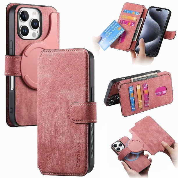 Funda Billetera Magnética para iPhone 16 Pro Max Soporte Tarjetas Desmontable Rosa