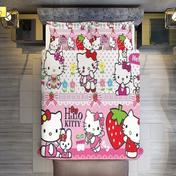 Comforter Set Queen Size Strawberry Hello Kitty Set with 2 Pillowcases for All SeasonsBedding Set 3pcs for Kids Boys Girls Bedroom Decor Bed Sheets