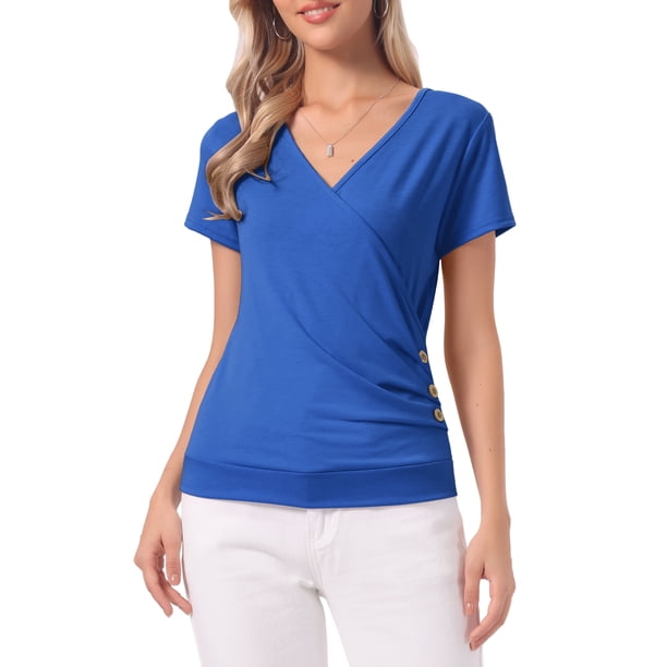 INSPIRE CHIC Blusas Casual de Mujer con Cuello en V, Mangas Cortas, Decoración de Botones y Fruncido, Azul Real XL