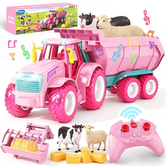 Tractor agrícola RC Funwee con luz, música y remolque para niños de 3 a 8+ años
