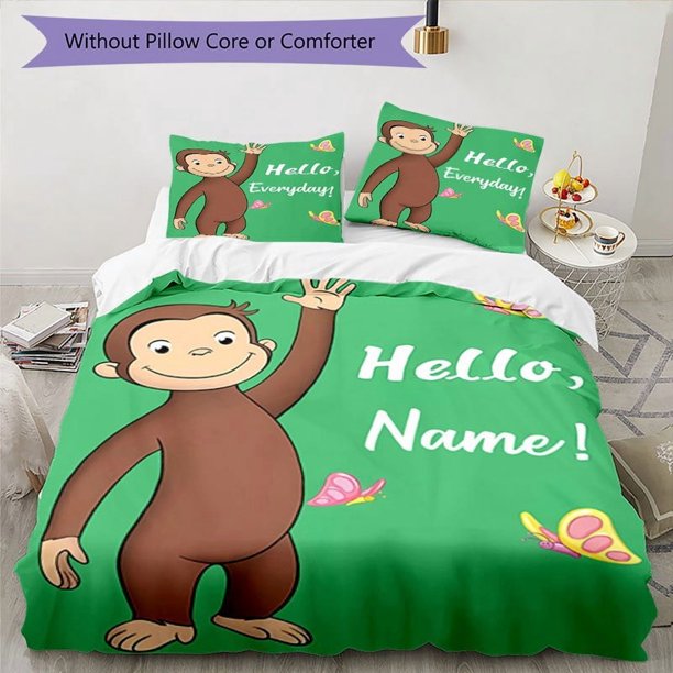 3pcs Curious George Theme Customizable Name Digital Print Cover Set, Soft and Comfortable Bedding Set with 1 Cover and 2 Pillowcases, All-Season Quilt Set Excluding Quilt, Ideal for Home and Guest Roo