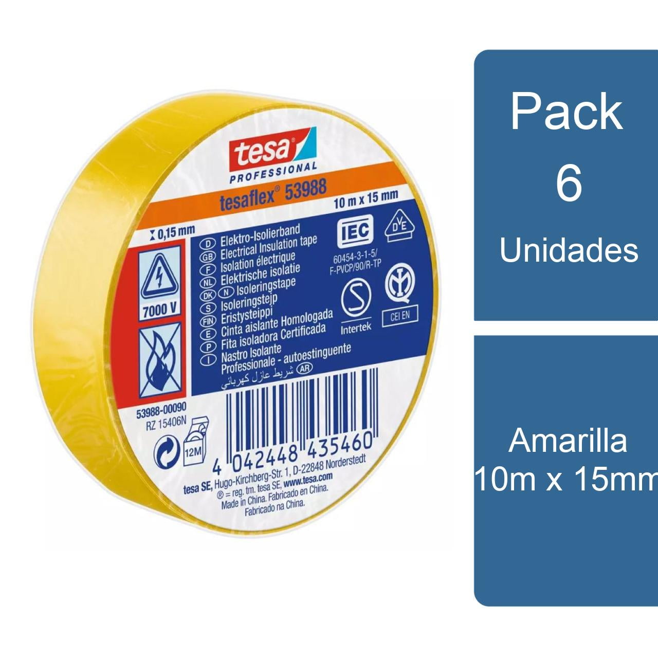 Pack 6 Tesaflex Cintas Aisladora Eléctrica Profesional Amarilla 10m X 15mm