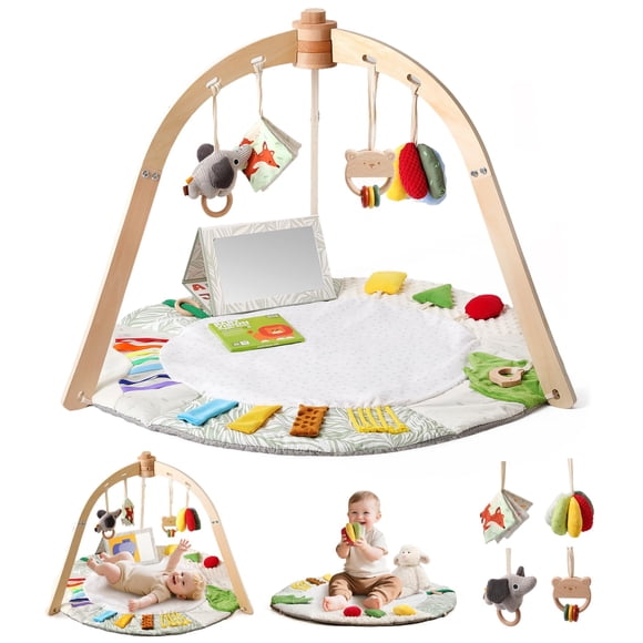 Baby Play Gym Macabaka de madera con tapete de juego y juguetes Tummy Time