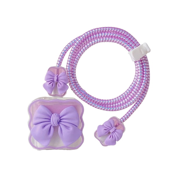 Estuche protector 3D, cabezal de cargador Línea de datos Accesorios de cable de datos Protector de cargador rápido de dibujos animados para teléfono , Lazo Nudo Púrpura
