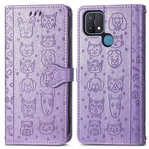 Funda Cartera Foxdock Para Oppo A15 , Flip Pu Con Relieve De Gatos Y Perros, Tarjetero Y Soporte
