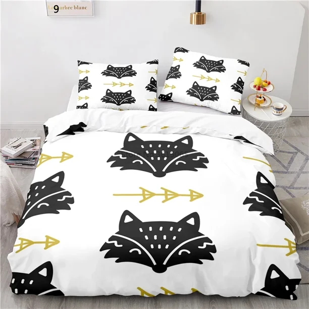 v1368 Bed Sheets Cute Little Fox Printed Bedding Set Children Boys Girls Cartoon Bed Linen Set Europe/Australia/USA Pillowcase & Duvet Cover Sets 3-Piece Bedding Set (1 Duvet Cover + 2 Pillow Shams) B