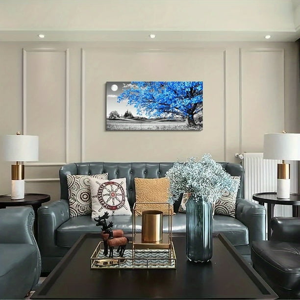 1pc, Simple Life Blue Moon Tree Landscape Abstract Wall Decoration, Oil Painting Canvas Wall Art, Room Decor, Home Decor, Holiday Decor, Bedroom Decor, Living Room Decor, Entrance Decor, Background Wa