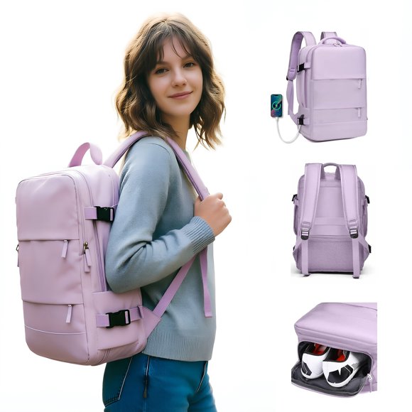 Mochila de Viaje 35 L con Compartimento para Laptop 15.6" y Puerto USB, Impermeable,Morado