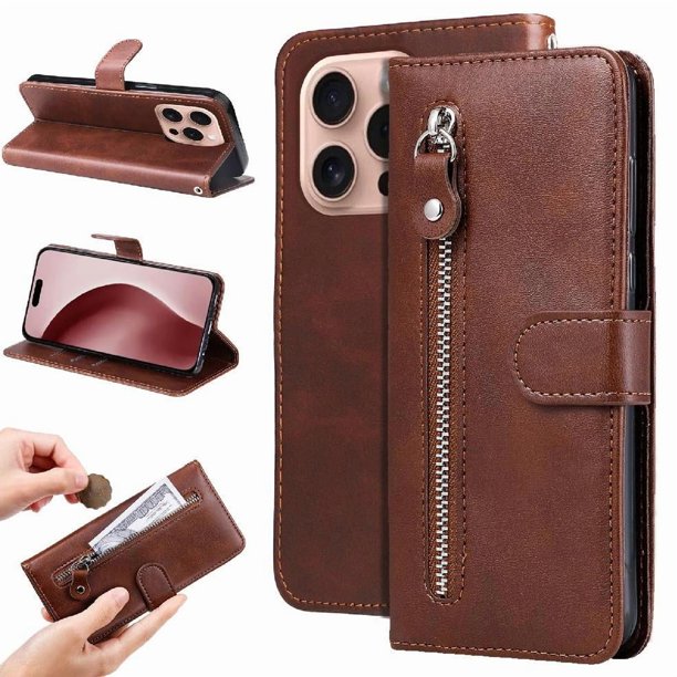 Funda tipo cartera para iPhone 16 Pro Max con bolsillo con cremallera y ranuras para tarjetas – Función de soporte Marrón