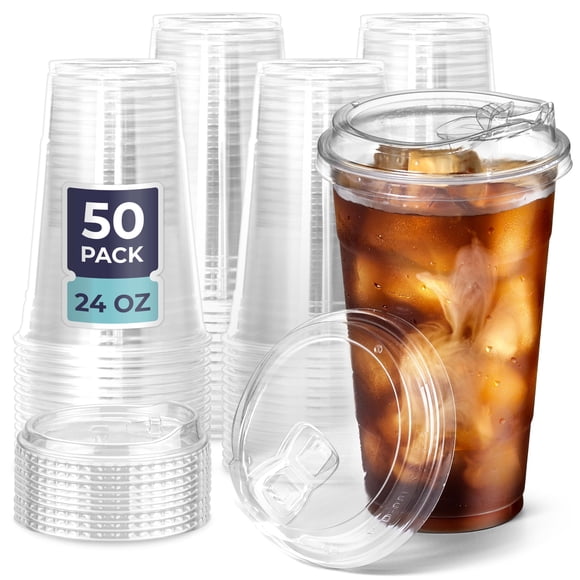 Vasos De Plástico Aptos Para Preparación De Comidas 24 Onzas Transparentes Con Tapas Sin Pajitas 50 Unidades