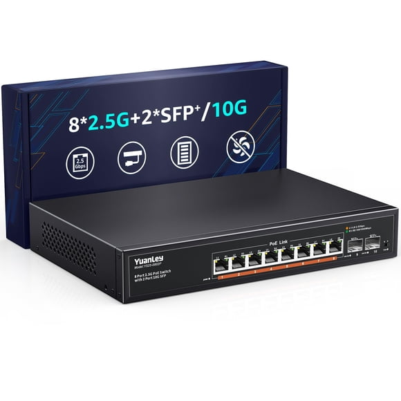 Switch YuanLey de 10 puertos 2.5G PoE 120W sin ventilador con VLAN
