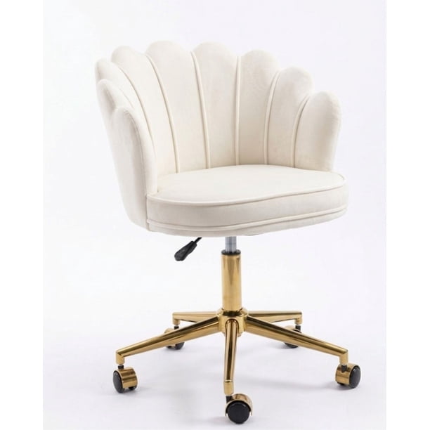 Silla De Escritorio Ostra Acolchada Felpa Base Giratoria Dorada - Beige
