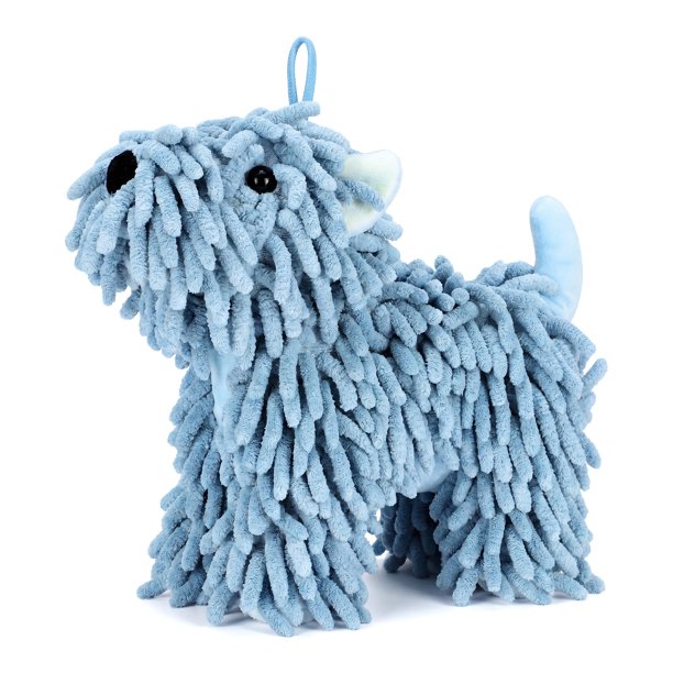 REGALWOVEN 1 Pc Toallas de Mano de Chenilla Forma de Perro, Lindo Dibujos Animados Absorbente Decorativo Toalla Colgante con Bola Peluda para Baño Hogar Azul 8" x 10"