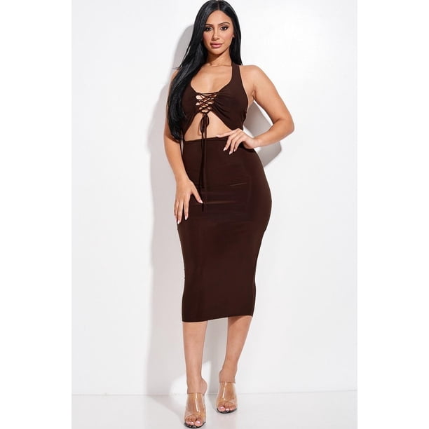 Vestido Midi Liso Con Cuello Halter Frente Cruzado Y Abertura