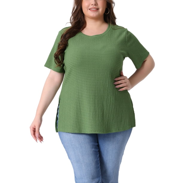 Agnes Orinda Camisetas de Mujer Tallas Grandes con Abertura Lateral Textura Cuello Redondo Manga Corta Blusa Casual Túnica 4X Verde Oscuro