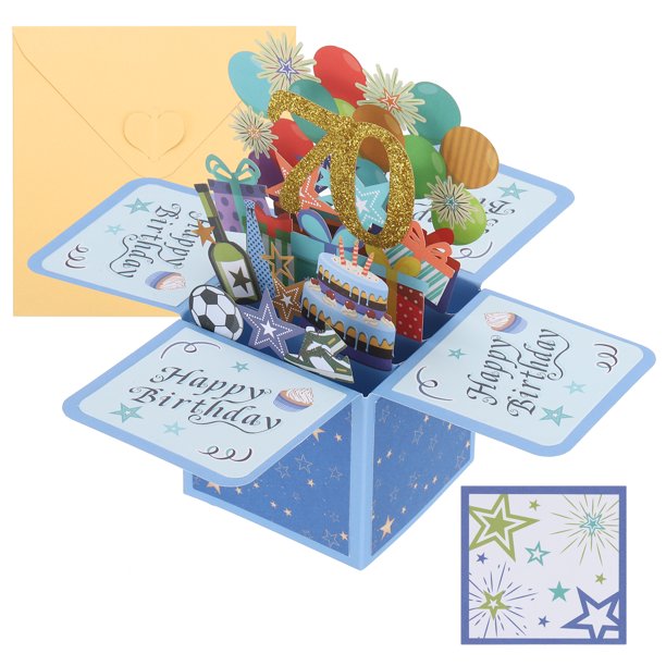 Tarjeta de cumpleaños 70 de Uxcell, tarjeta de cumpleaños desplegable Feliz cumpleaños con tarjeta de felicitación y sobre para amigo mujer, azul