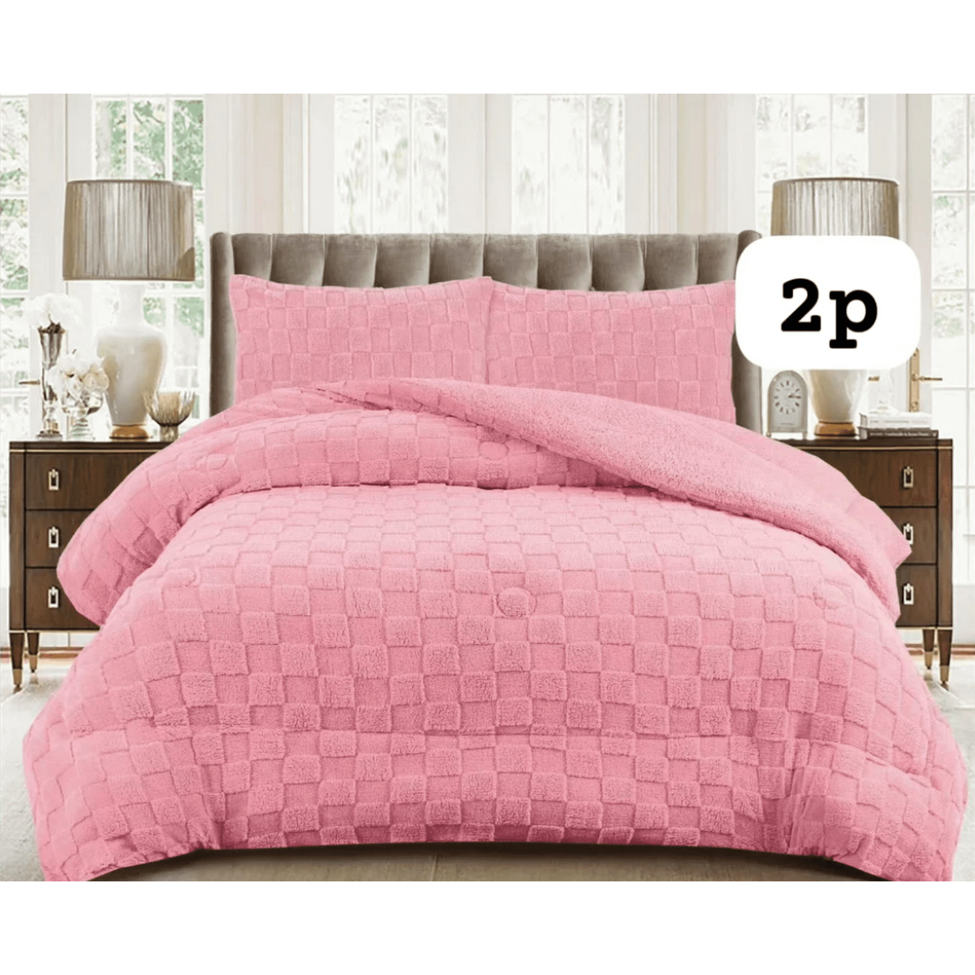 Todostore - Plumon De Invierno Texturizado Diseño Cuadros Con Chiporro 2 Plazas Color Rosa