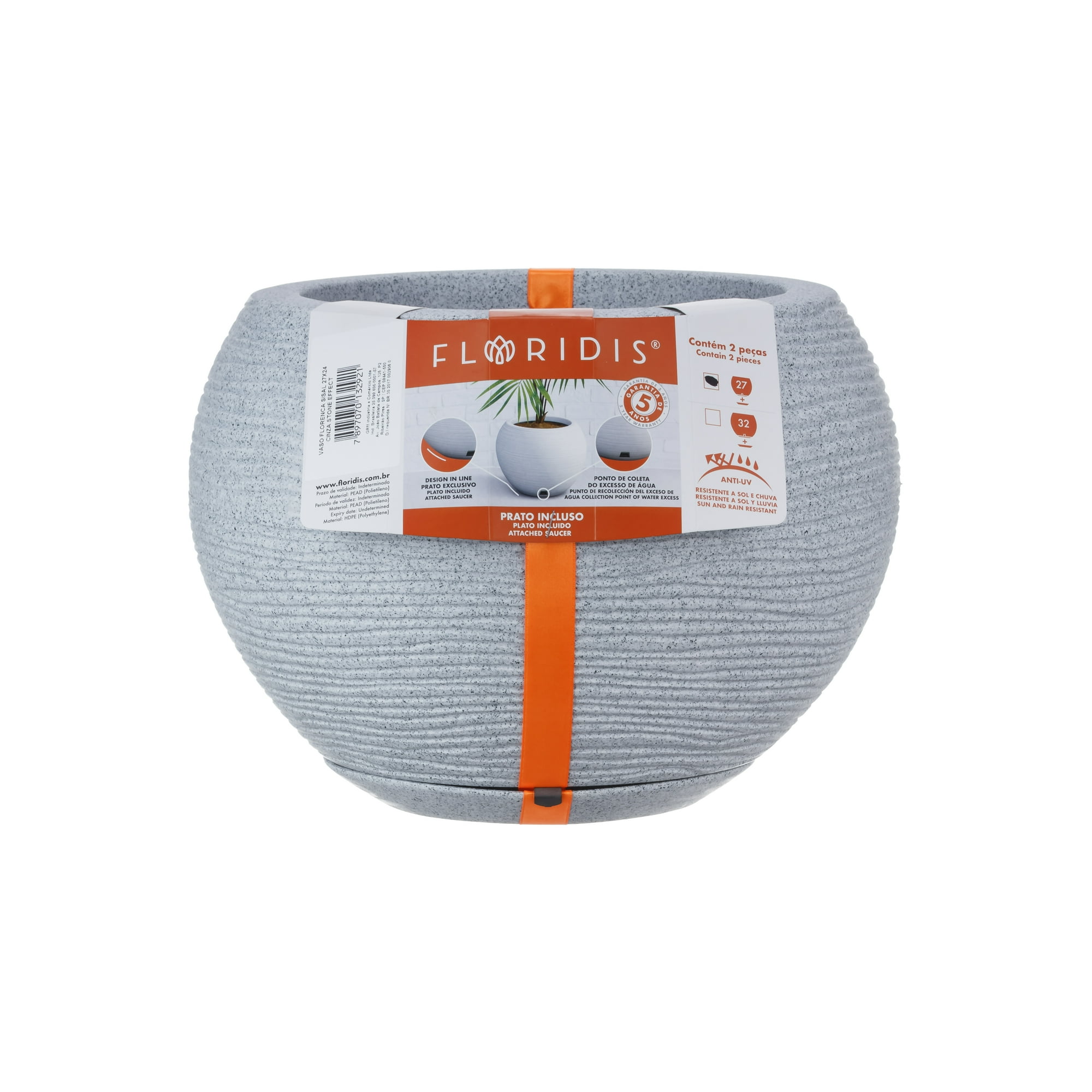 Floridis - Macetero Gris Claro Florencia 24 Cm Alto Con Plato