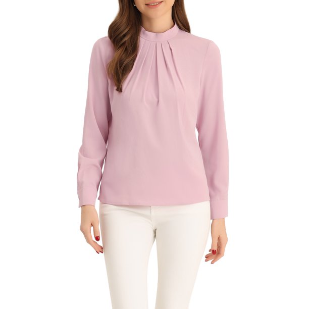 INSPIRE CHIC Otoño Invierno Blusa de Gasa con Cuello Alto para Mujer Camisa de Manga Larga Casual de Negocios S Rosa