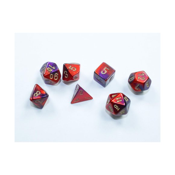 Dice Chessex Gemini Mini morado/rojo con números dorados de 10 mm