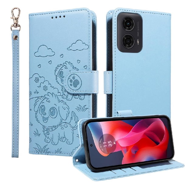 Funda Cartera para Motorola Moto E14 Perro Cachorro Grabado con Tarjetas Soporte Correa Azul