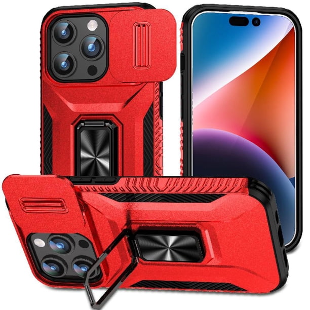 Funda Armada para iPhone 15 Pro con Tapa Deslizante y Soporte Magnético Giratorio Rojo