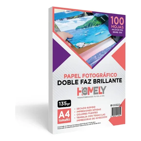 Papel Fotografico A4 Doble Faz Camara Foto Homely 100 Unidad Blanco