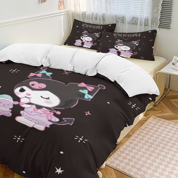 Kuromi Quilt Set Thicken Soft 3 Pieces Bedding Set All Season Duvet Cove with 2 Pillowcases for Adult Women Girls Teens Home Room Decor