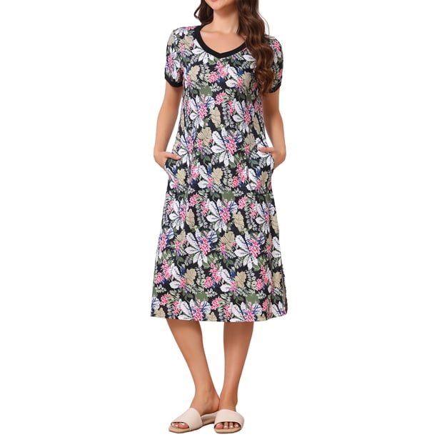 INSPIRE CHIC Camisón de Mujer con Cuello en V y Bolsillos, Manga Corta con Abertura Lateral, con Ribete en Contraste para Primavera Verano L Floral de Planta