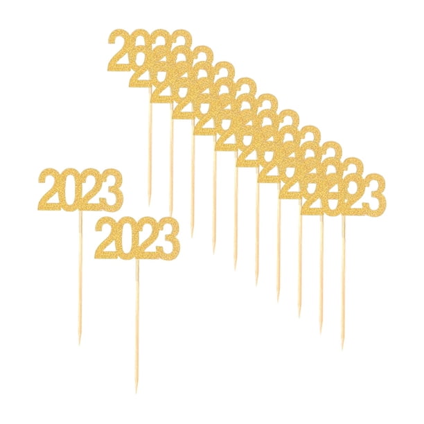 12 Piezas 2023 Cupcake Topper, Decoraciones Cake Topper Suministros año Nuevo Glitter para Fiesta Decoraciones Cumpleaños Graduación Boda Aniversario Dorado