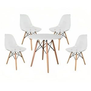 Klik Muebles - Comedor Mesa Eames Redonda Blanca - 4 Sillas Eames Transparentes