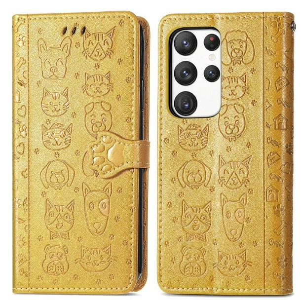 Funda Cartera FOXDOCK para Samsung Galaxy S23 Ultra , Flip PU con Relieve de Gatos y Perros, Tarjetero y Soporte