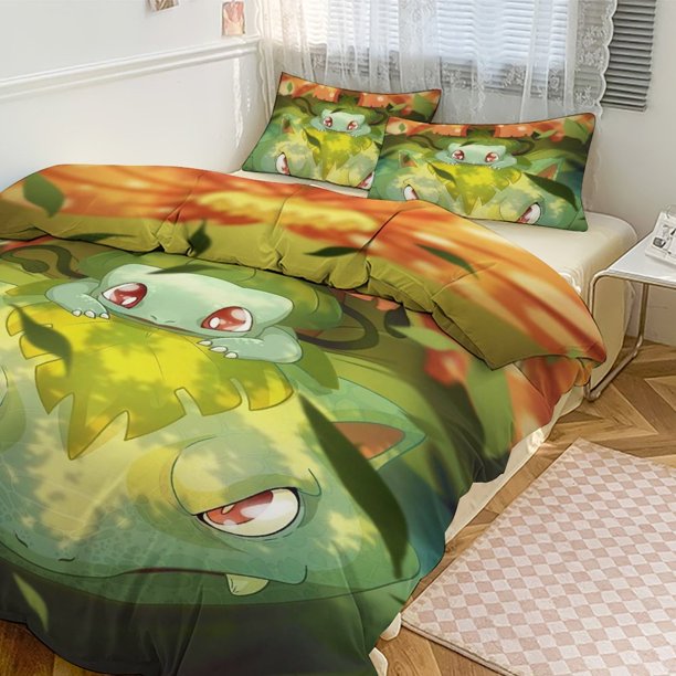 Bulb_asaur Print Bedding Set Pattern Duvet Cove Set 3 Pieces 1 Quilt Cover And 2 Pillowcases for Women Men Teens