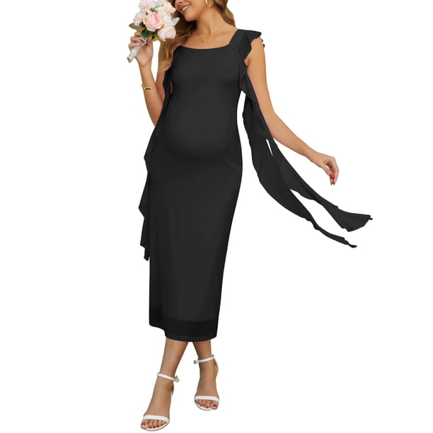 INSPIRE CHIC Vestido Maxi de Maternidad para Mujer sin Mangas con Volantes de Malla Cuello Cuadrado Invitada de Boda Fiesta Talla 2XL Negro