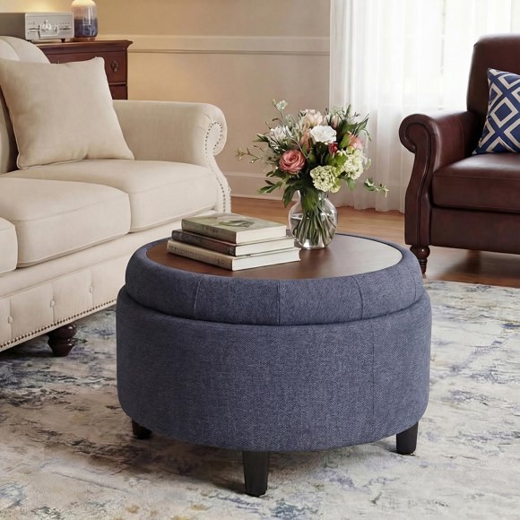 Puf COLAMY Redondo de 64 cm Azul con Almacenamiento y Mesa de Café