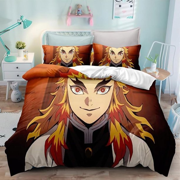Be-d Duv-et Cove-r Anime Ca-rtoon Demon-Sl-ayer Bedding -Sets 3D Lightw-eight 3-Piece- Comforter Sets 1 Duvet C-over and 2 Pill-ow Shams for Boys Girl
