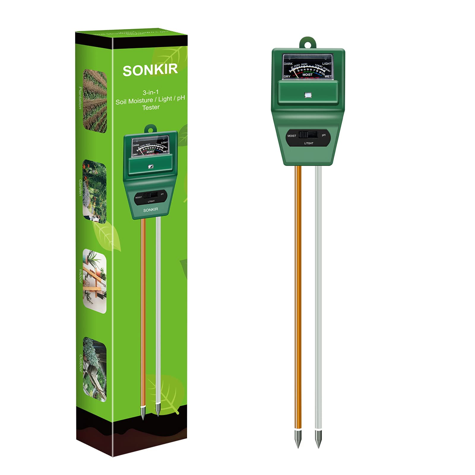 Medidor De Ph Del Suelo Sonkir Ms02, Tester 3 En 1 De Humedad Y Luz
