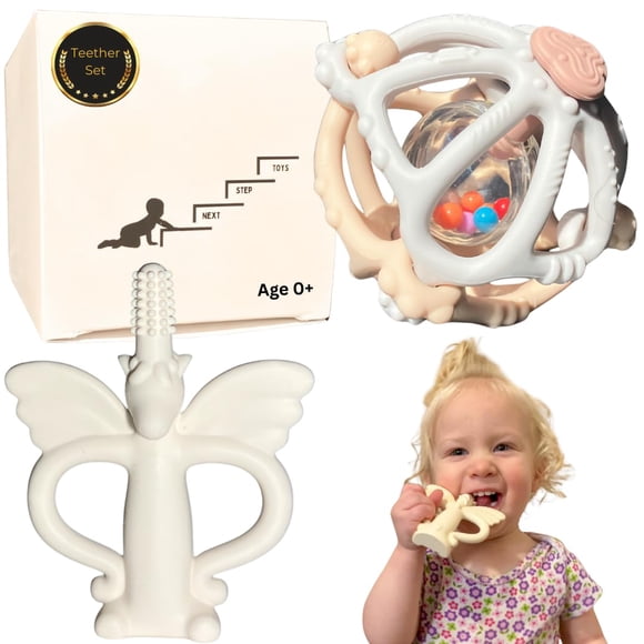 Set de juguetes para la dentición Next Step Toys: unicornio de silicona, sonaja y pelota