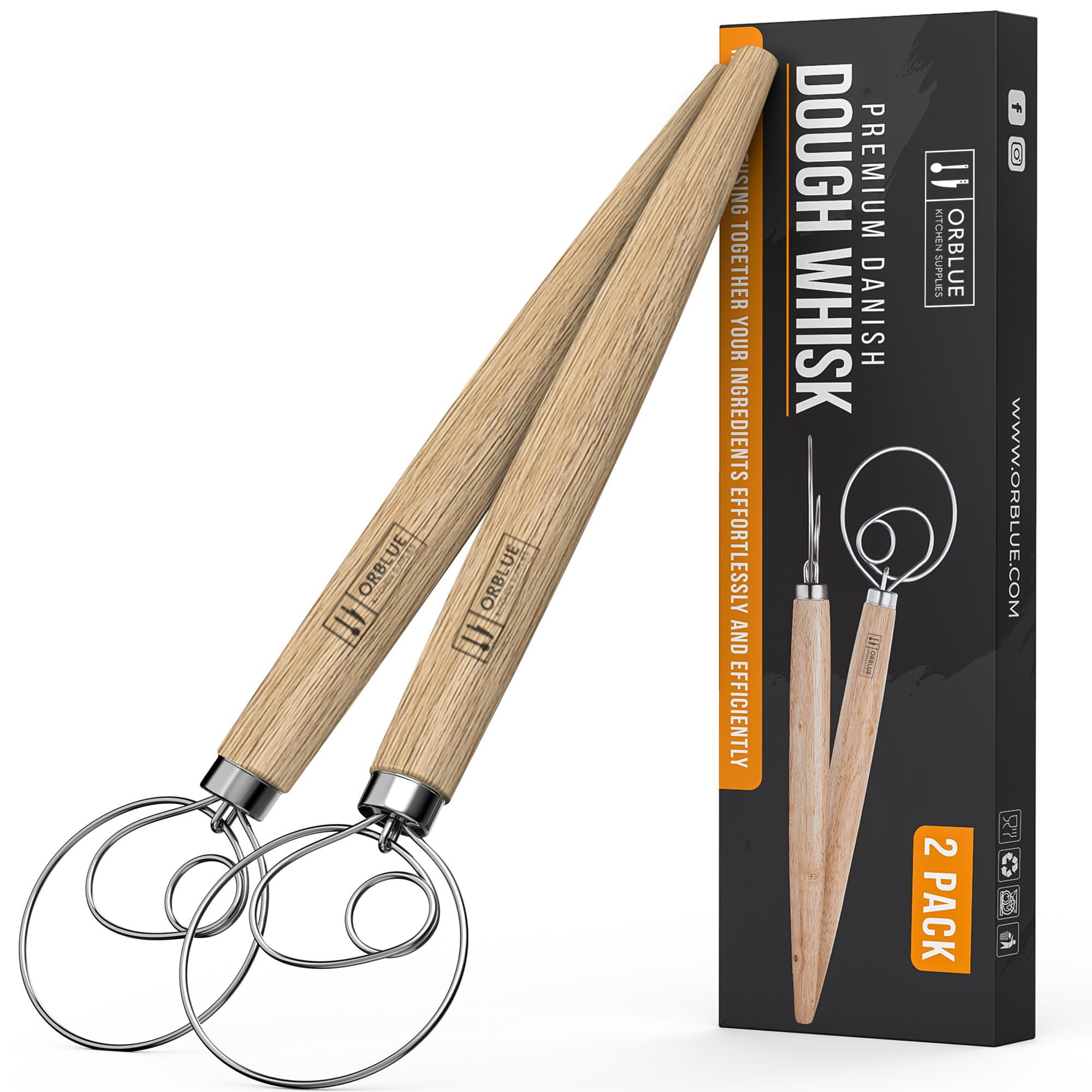 Batidor De Masa Danés Orblue Premium De Acero Inoxidable De 33 Cm, Paquete De 2